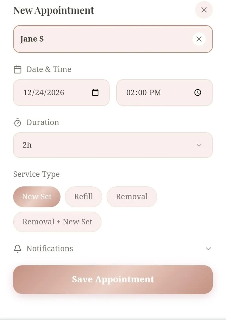 New Appointment sheet with date, duration and service type