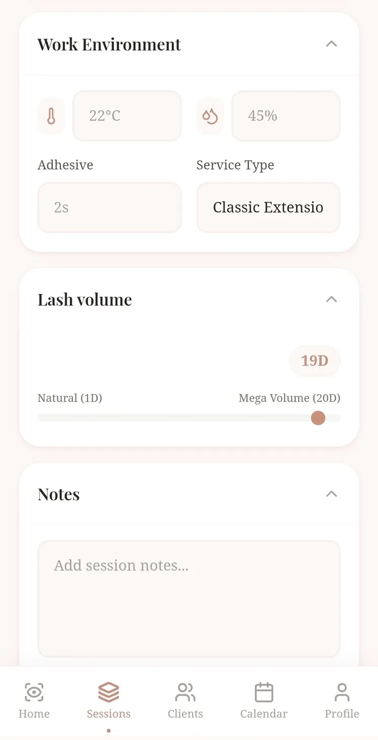 Session parameters: room temperature, humidity, adhesive drying time, service type and lash volume