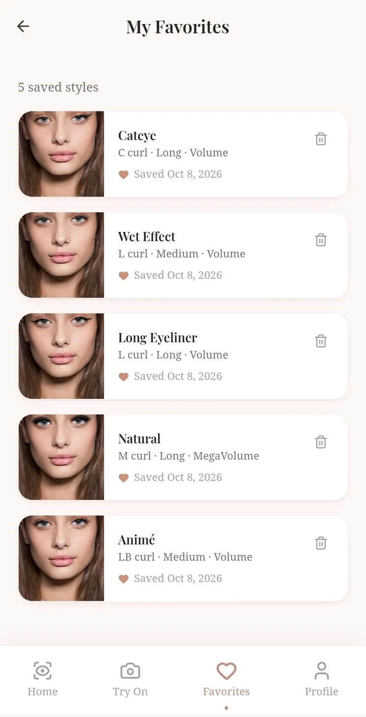 The client&rsquo;s saved favourite lash styles, with curl, length and volume