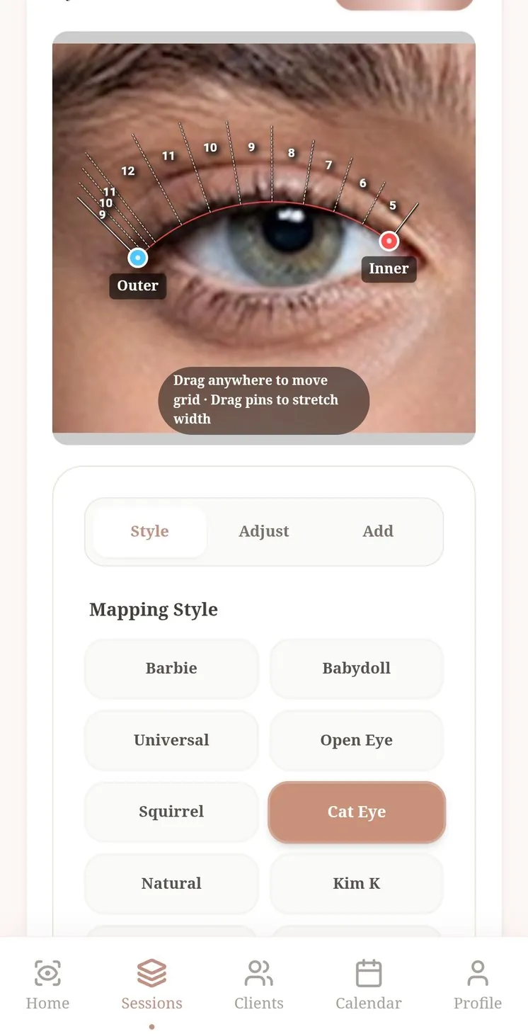 Stylist mapping the lash lengths on the client&rsquo;s eye