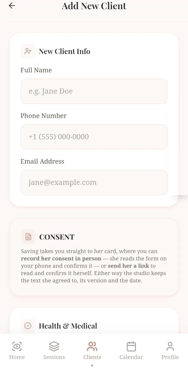Add New Client screen with contact details and the consent section