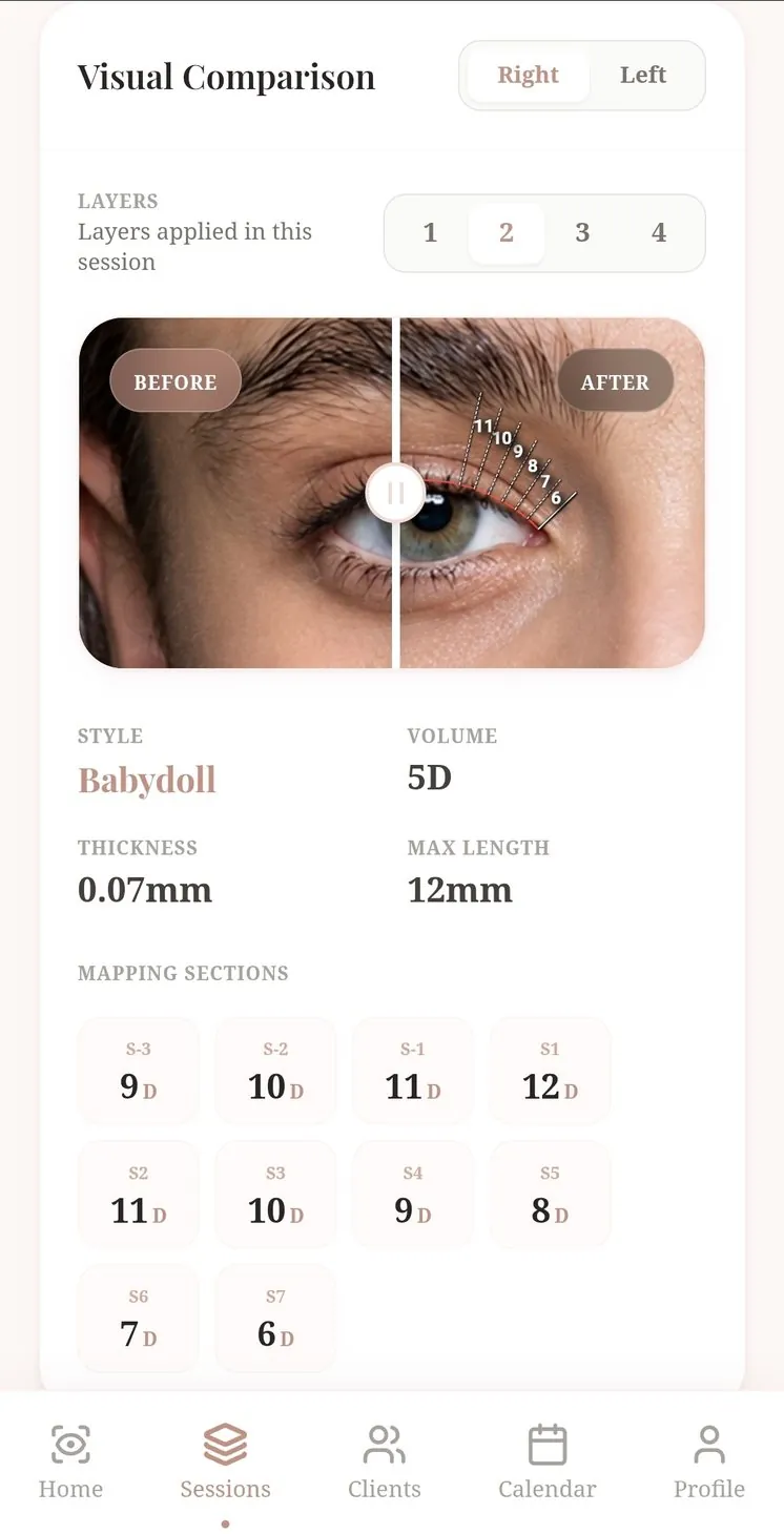 Session record with before and after mapping and lengths per section